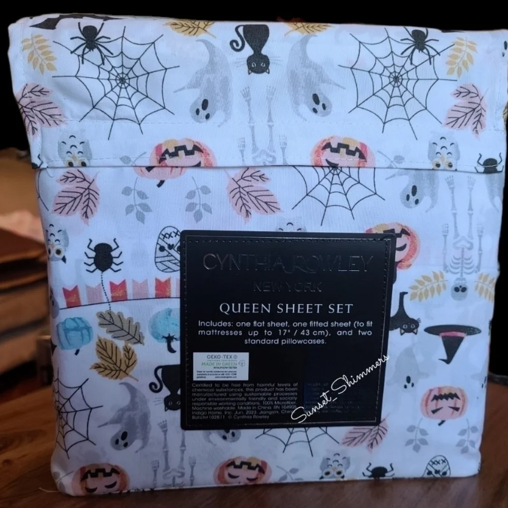 4pc CYNTHIA ROWLEY Pastel Halloween QUEEN Sheet Set Pumpkin Owl Cat Skull Ghost